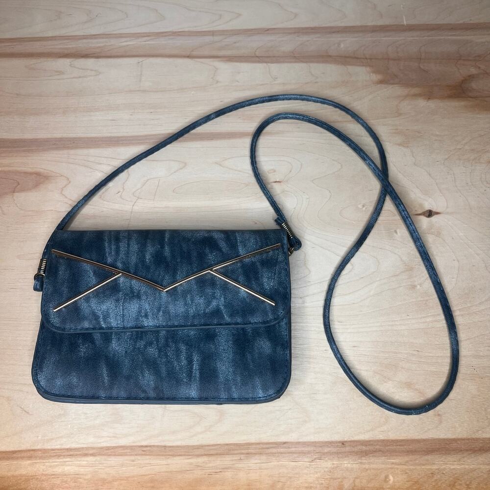 Small Blue‎ Sling Bag with Gold Metal Geometric Design